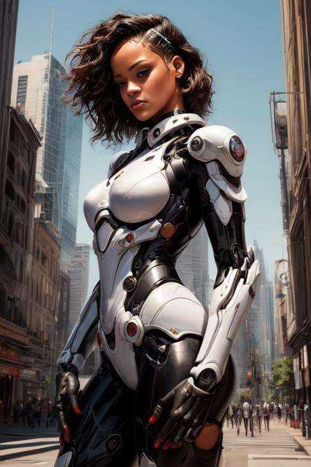 (((Best Quality))), ((Masterpiece)), (Detailed), Photorealistic, Hyper Real, (Rihanna:1.2) wearing a Mecha suit, beautiful, solo, (up-close wide-angle shot), city in background,  <lora:Mecha warrior Mecha_20230621092507:0.5> <lora:add_detail:1>