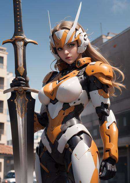 mecha_musume, 1 (22 years old Spanish woman), medium breast, normal waist, dark golden blonde hair, (green detailed eyes), beautiful face, long_hair, science_fiction, weapon, sword, holding_sword, orange_eyes, solo, headgear, holding_weapon, mecha, standing <lora:Mecha warrior Mecha_20230621092507:0.6>