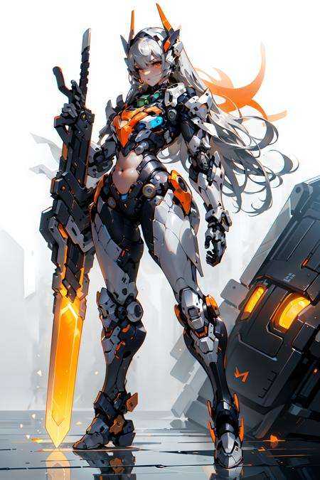 mecha_musume, 1girl, long_hair, science_fiction, weapon, sword, holding_sword, orange_eyes, solo, headgear, holding_weapon, mecha, standing