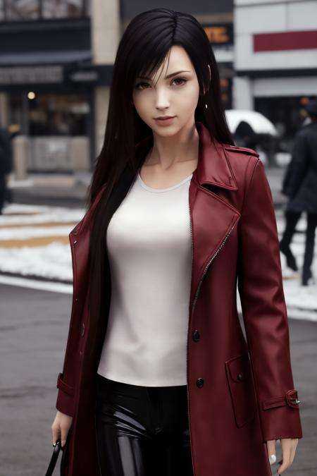 Best quality,masterpiece,ultra high res,1girl,(long red coat:1.2),tifa_ac,(cowboy shot:1.2),rain,skinny black pants, white shirt, 