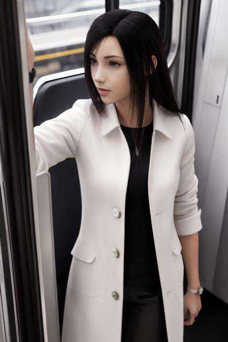 Best quality,masterpiece,ultra high res,1girl,(white longcoat:1.2),tifa_ac8,(cowboy shot:1.2),train interior,rain,