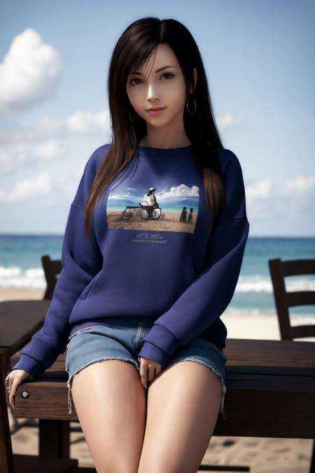 Best quality,masterpiece,ultra high res,(sweatshirt:1.3),tifa_ac,looking at viewer,(cowboy shot:1.2),beach, seascape, clouds, table, sitting,jeans