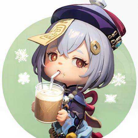 masterpiece, best quality,<lora:qiqi:1>,qiqi (genshin impact), 1girl, drinking straw, solo, hat, qing guanmao, coin hair ornament, hair ornament, jiangshi, purple hair, bead necklace, beads, drinking, ofuda, holding, snowflakes, necklace, purple eyes, bangs, jewelry, long sleeves, hair between eyes, looking at viewer, chibi, drink, long hair, sidelocks, coconut, drinking straw in mouth, milk carton, simple background, sparkling eyes, +_+, symbol-shaped pupils, wide sleeves, chinese clothes, juice box, talisman, can, bendy straw, white background, holding drink <lora:ach02-000010:1>,chibi
