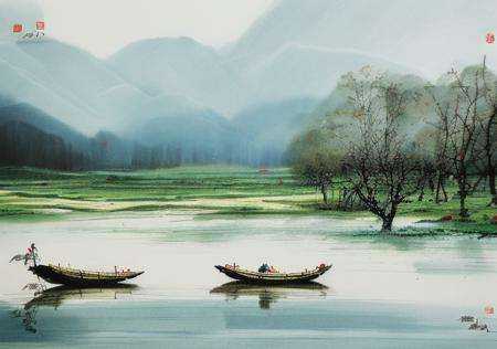 wyy style,  A painting about the scenery of spring scenery,  there is a small boat in the river. A person wearing a rainco...