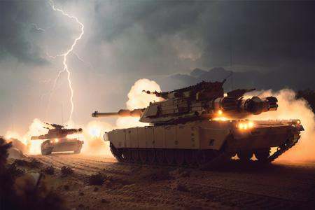 analog gloomy (close up shot) photo of a convoy of (M1 Abrams tanks,  ),  firing cannon on Tensor.Art