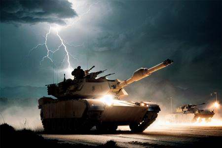 analog gloomy (close up shot) photo of a convoy of (M1 Abrams tanks,  ),  firing cannon on Tensor.Art
