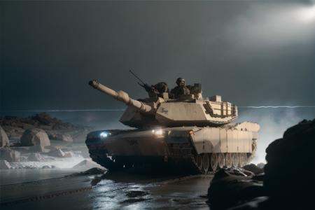 analog gloomy (close up shot) photo of an (M1 Abrams ****,  ),  (in a rocky desert alien planet (at midnight)) on Tensor.Art