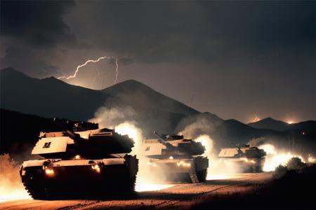 analog gloomy (close up shot) photo of a convoy of (M1 Abrams tanks,  ),  firing cannon on Tensor.Art