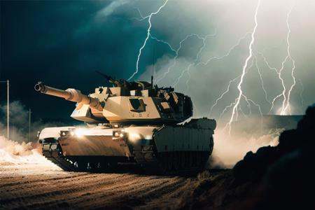 analog gloomy (close up shot) photo of a convoy of (M1 Abrams tanks,  ),  firing cannon on Tensor.Art