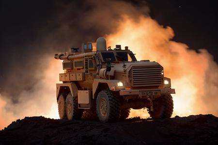 analog gloomy (close up shot) photo of a (6x6 MRAP,  ),  (escaping from fire and lava (at night)) on Tensor.Art