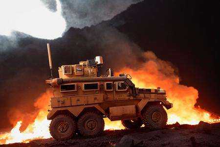 analog gloomy (close up shot) photo of a 6x6 MRAP,  ,  (escaping from fire and lava (at night)) on Tensor.Art