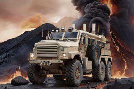 analog (gloomy) (close up shot) photo of a ((6x6 MRAP,  )),  (surrounded by fire and lava (at night)) on Tensor.Art