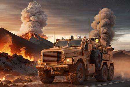 analog gloomy (extreme close up shot) photo of a speeding (6x6 MRAP,  ),  (escaping from fire and lava (at night)) on Tens...