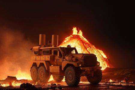analog gloomy (close up shot) photo of a 6x6 MRAP,  ,  (escaping from fire and lava (at night)) on Tensor.Art