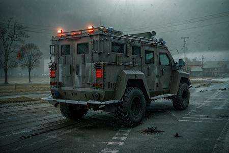 analog gloomy photo of a SWAT lenco bearcat armored car,  ,  rear view on Tensor.Art