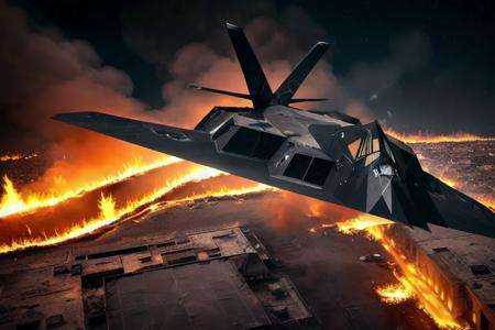 analog gloomy aerial photo of a stealth bomber,  ,  ((nighttime)) on Tensor.Art