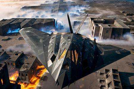 analog gloomy aerial photo of a nighthawk stealth bomber,  ,  ((nighttime)) on Tensor.Art