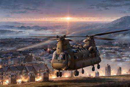 analog gloomy aerial photo of a black (Chinook helicopter,  ),  ((nighttime)) on Tensor.Art