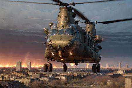 analog gloomy aerial photo of a black (Chinook helicopter,  ),  ((nighttime)) on Tensor.Art