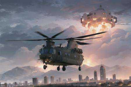 analog gloomy aerial photo of a black (Chinook helicopter,  ),  ((nighttime)) on Tensor.Art