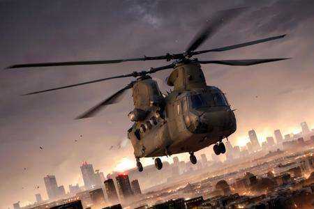 analog gloomy aerial photo of a black (Chinook helicopter,  ),  ((nighttime)) on Tensor.Art
