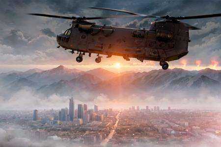 analog gloomy aerial photo of a black (Chinook helicopter,  ),  ((nighttime)) on Tensor.Art