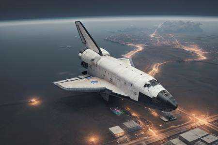 analog gloomy aerial photo of a (NASA Space Shuttle,  ),  ((nighttime)) on Tensor.Art