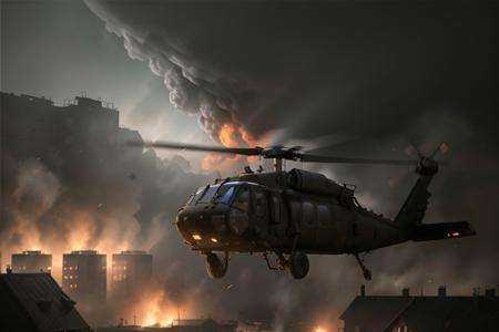 analog gloomy aerial photo of a (Black Hawk helicopter,  ),  ((nighttime)) on Tensor.Art