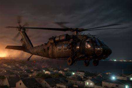 analog gloomy aerial photo of a (Black Hawk helicopter,  ),  ((nighttime)) on Tensor.Art
