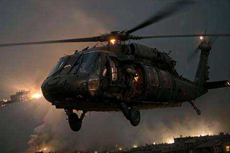 analog gloomy aerial photo of a (Black Hawk helicopter,  ),  ((nighttime)) on Tensor.Art