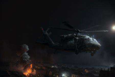 analog gloomy aerial photo of a (Black Hawk helicopter,  ),  ((nighttime)) on Tensor.Art