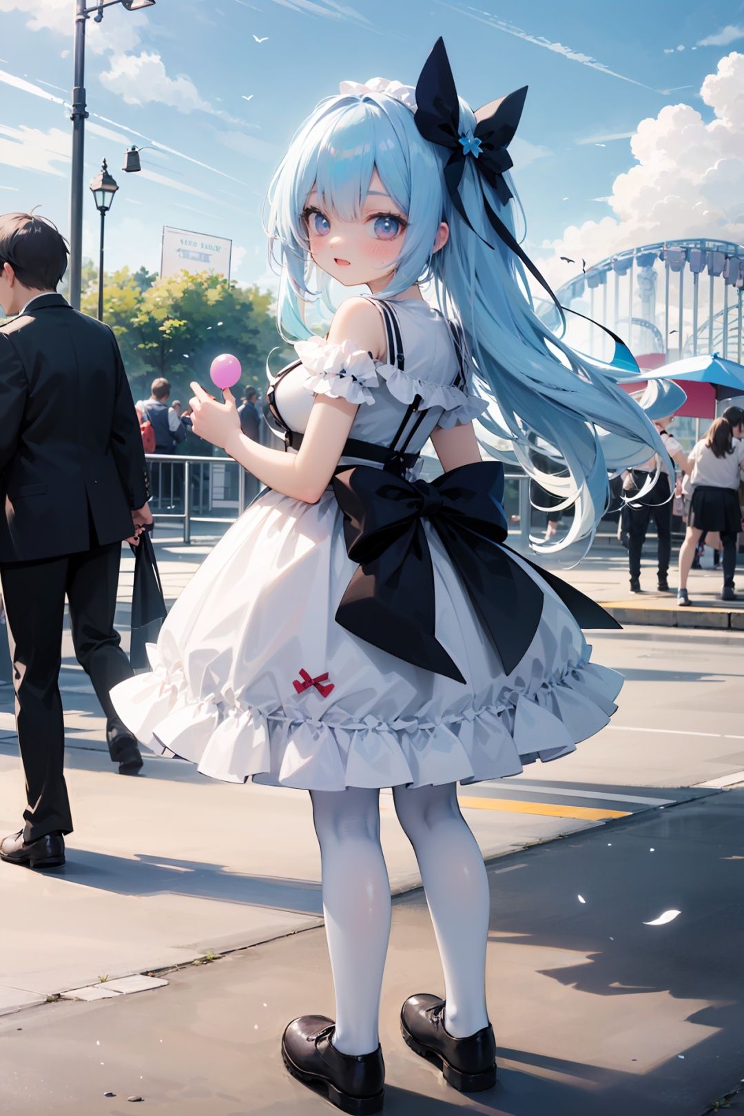(Highest Quality, Amazing Details:1.25),outdoors,Blue sky,white clouds,amusement park,roller coaster,stalls,lots of pedestrians,flying pigeons,flying colored balloons,street lights,1girl,loli,child,full body,solo,standing,looking back at viewer,(hand outreached at viewer:1.2),light smile,blush,light blue hair,long hair,double hair bow,(shiny skin:1.1),large breasts,red and white Lolita skirt,white pantyhose,red shoes,  <lora:CGALBWV9.1:0.7>,<lora:detailmaker:1> 