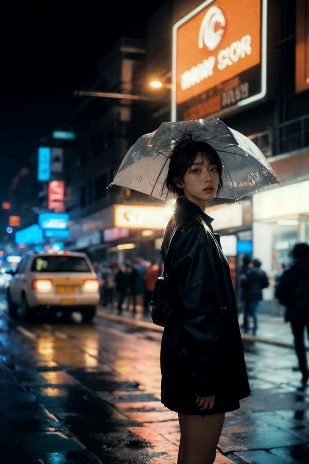 analog style| photograph of woman standing alone in the rain silhouetted by neon lights | Cyberpunk | Night City | Canon E...