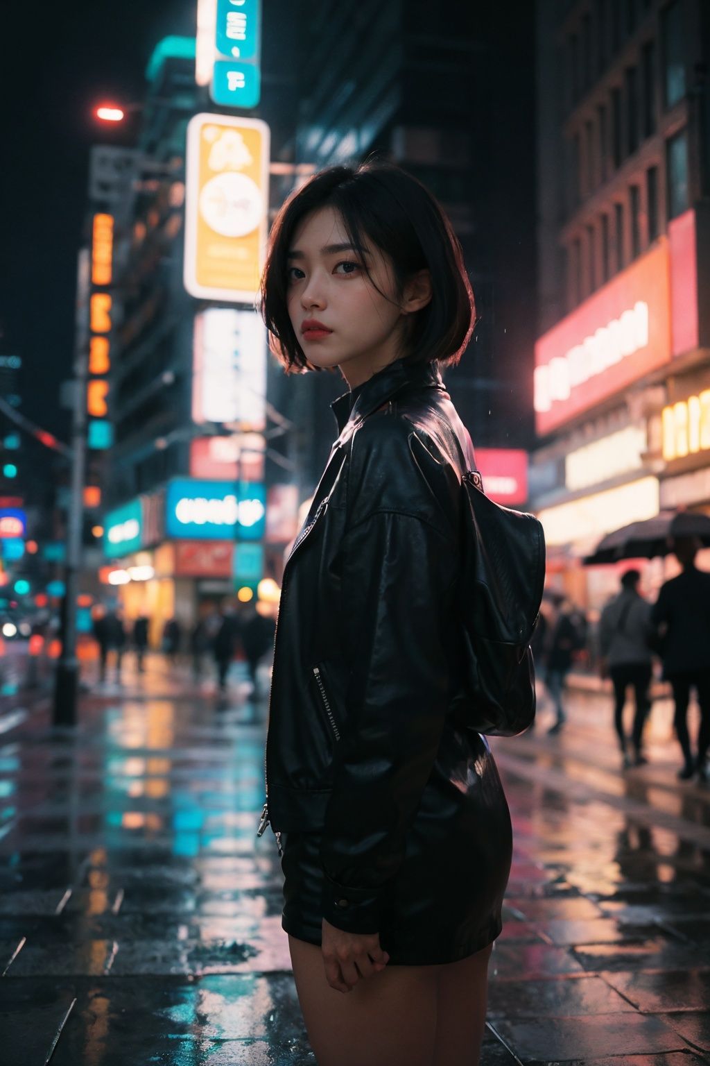 analog style| photograph of woman standing alone in the rain silhouetted by neon lights | Cyberpunk | Night City | Canon E...