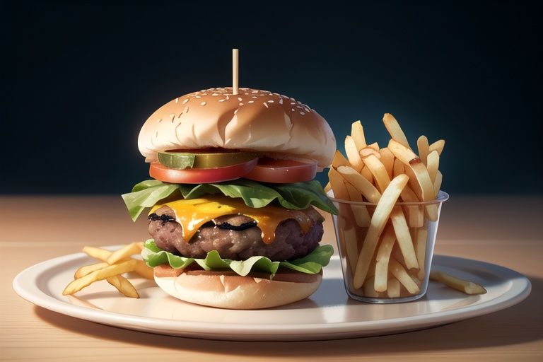 centered,  two tiny burgers and a bunch of french fries,  simple background on Tensor.Art