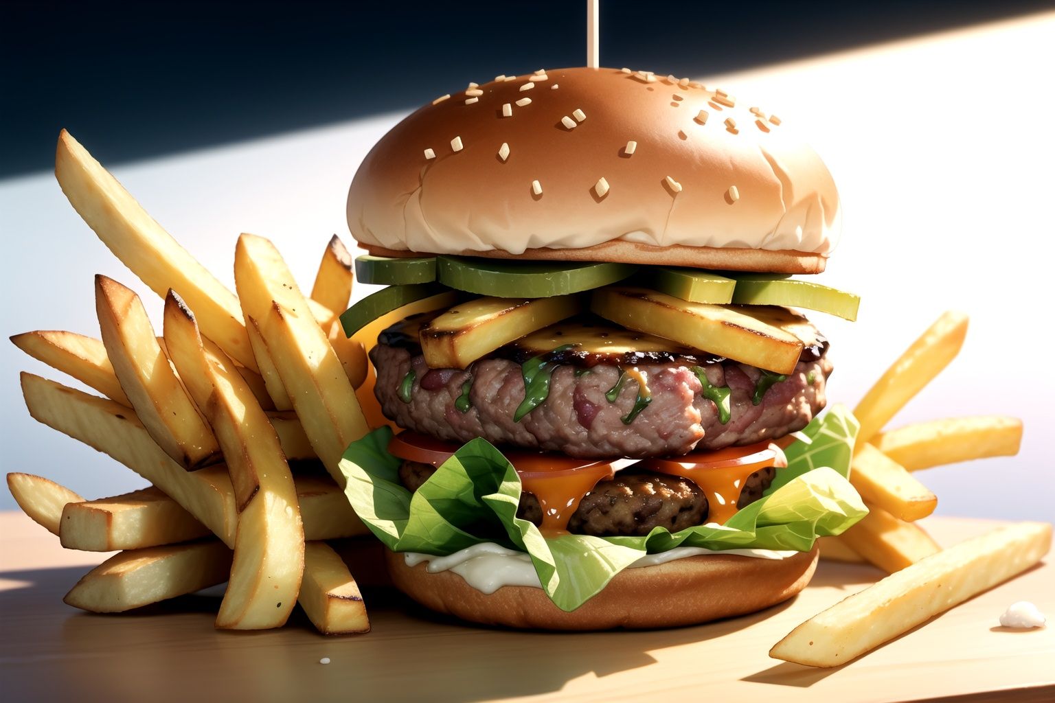 centered,  two tiny burgers and a bunch of french fries,  simple background on Tensor.Art
