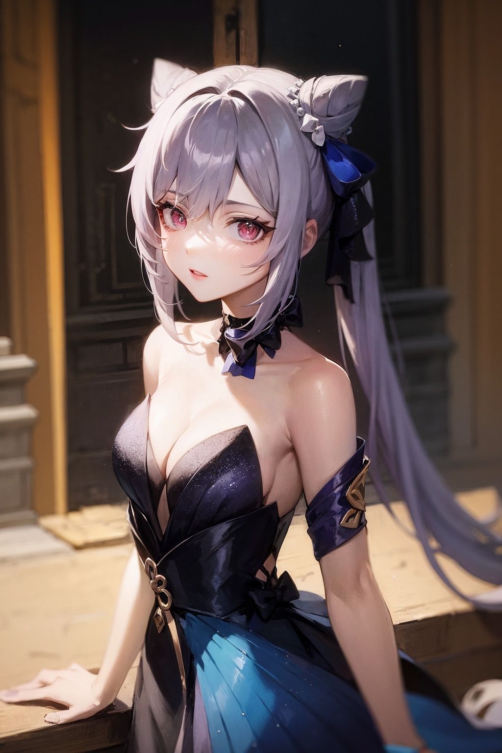 (masterpiece:1.2),best quality,cinematic lighting, Hyperrealism,photography, ultra highres, photorealistic, 8k, photos,hyperrealism, studio lighting, photography,
keqing (opulent splendor) (genshin impact), keqing (genshin impact), official alternate costume, dress, cone hair bun, night, strapless dress, looking at viewer, long hair, cleavage, black dress, hair bun, strapless, bare shoulders, purple hair, bangs, bow, detached collar, purple eyes, diamond-shaped pupils, ribbon, double bun, twintails, two-tone dress, medium breasts, hair ornament, black bow, hair ribbon, blue dress, bowtie, hair,