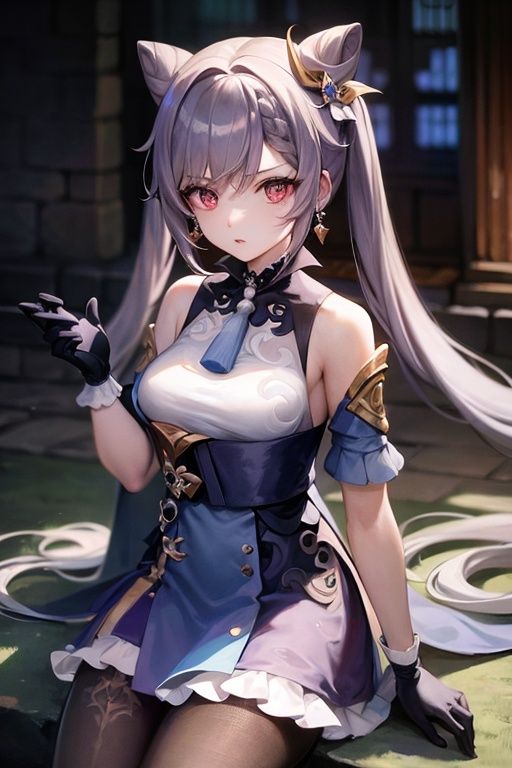 (masterpiece:1.2),best quality,cinematic lighting, Hyperrealism,photography, ultra highres, photorealistic, 8k, photos,hyperrealism, studio lighting, photography,
keqing (piercing thunderbolt) (genshin impact), keqing (genshin impact), pantyhose, hair bun, purple hair, gloves, twintails, long hair, purple eyes, diamond-shaped pupils, bare shoulders, hair ornament, black pantyhose, cone hair bun, detached sleeves,dress, jewelry, medium breasts, earrings, bangs, frills, purple dress, black gloves, braid, skirt,