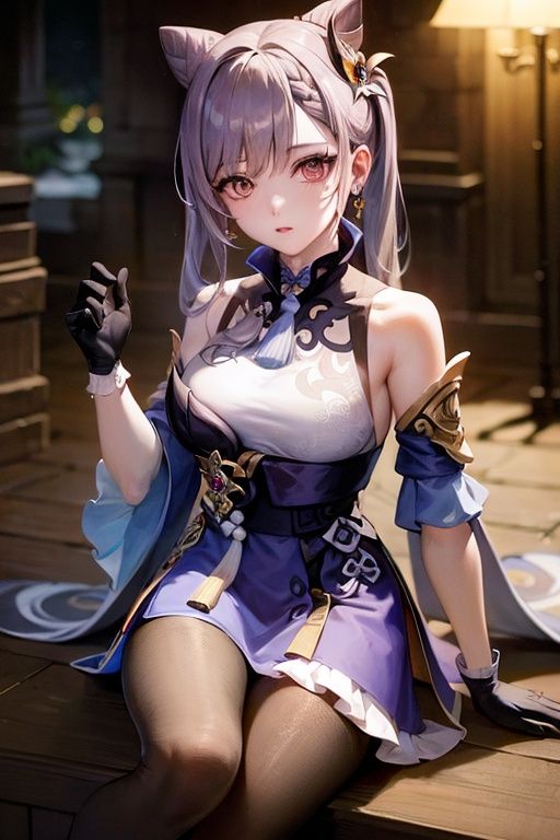 (masterpiece:1.2),best quality,cinematic lighting, Hyperrealism,photography, ultra highres, photorealistic, 8k, photos,hyperrealism, studio lighting, photography,
keqing (piercing thunderbolt) (genshin impact), keqing (genshin impact), pantyhose, hair bun, purple hair, gloves, twintails, long hair, purple eyes, diamond-shaped pupils, bare shoulders, hair ornament, black pantyhose, cone hair bun, detached sleeves,dress, jewelry, medium breasts, earrings, bangs, frills, purple dress, black gloves, braid, skirt,