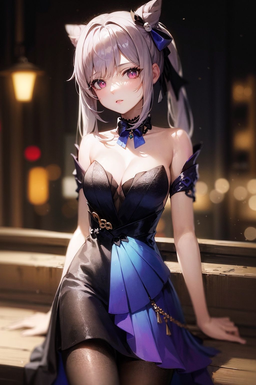 (masterpiece:1.2),best quality,cinematic lighting, Hyperrealism,photography, ultra highres, photorealistic, 8k, photos,hyperrealism, studio lighting, photography,
keqing (opulent splendor) (genshin impact), keqing (genshin impact), official alternate costume, dress, cone hair bun, night, strapless dress, looking at viewer, long hair, cleavage, black dress, hair bun, strapless, bare shoulders, purple hair, bangs, bow, detached collar, purple eyes, diamond-shaped pupils, ribbon, double bun, twintails, two-tone dress, medium breasts, hair ornament, black bow, hair ribbon, blue dress, bowtie, hair,