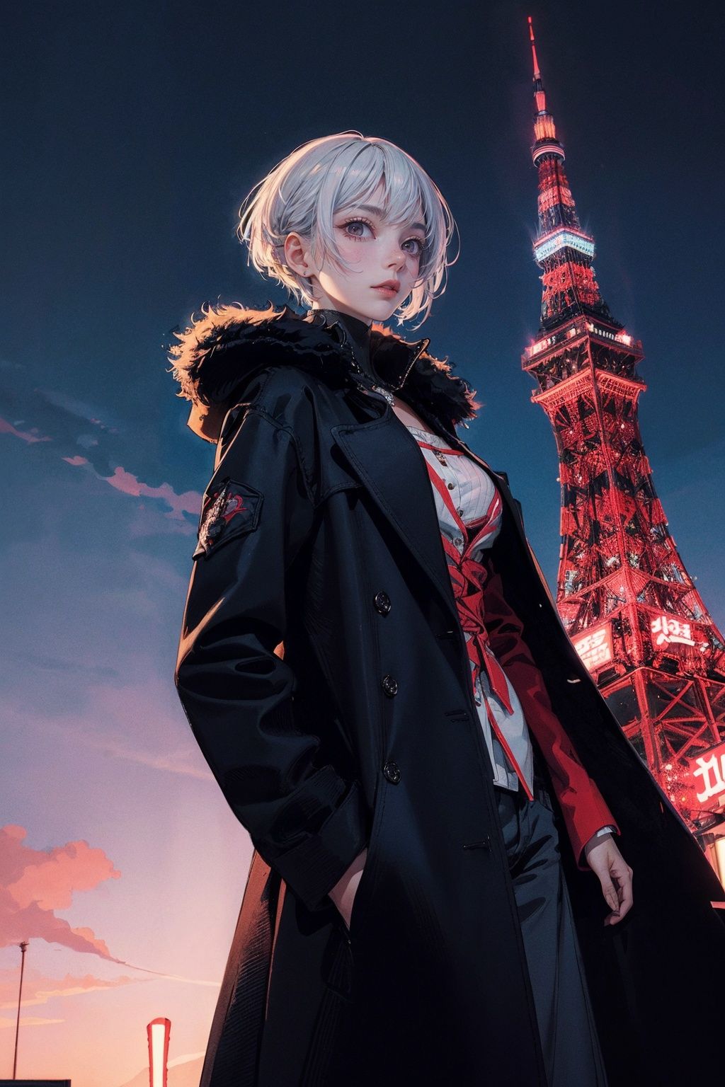 1 beautiful woman,  long coat tokyo tower,  (Sui Ishida on Tensor.Art