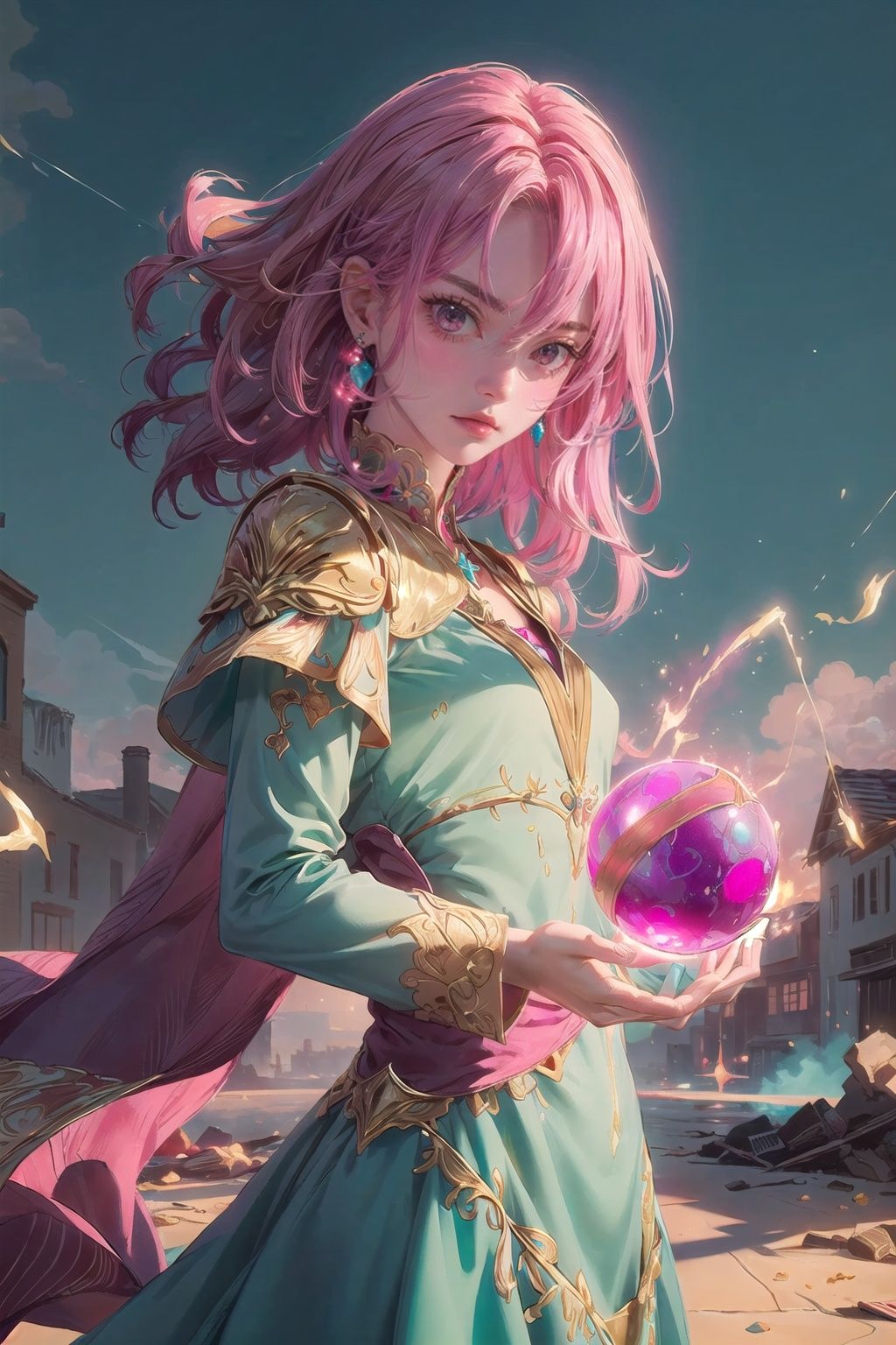 (the must powerful wizard girl,  long curly magenta hair,  cyan eyes on Tensor.Art