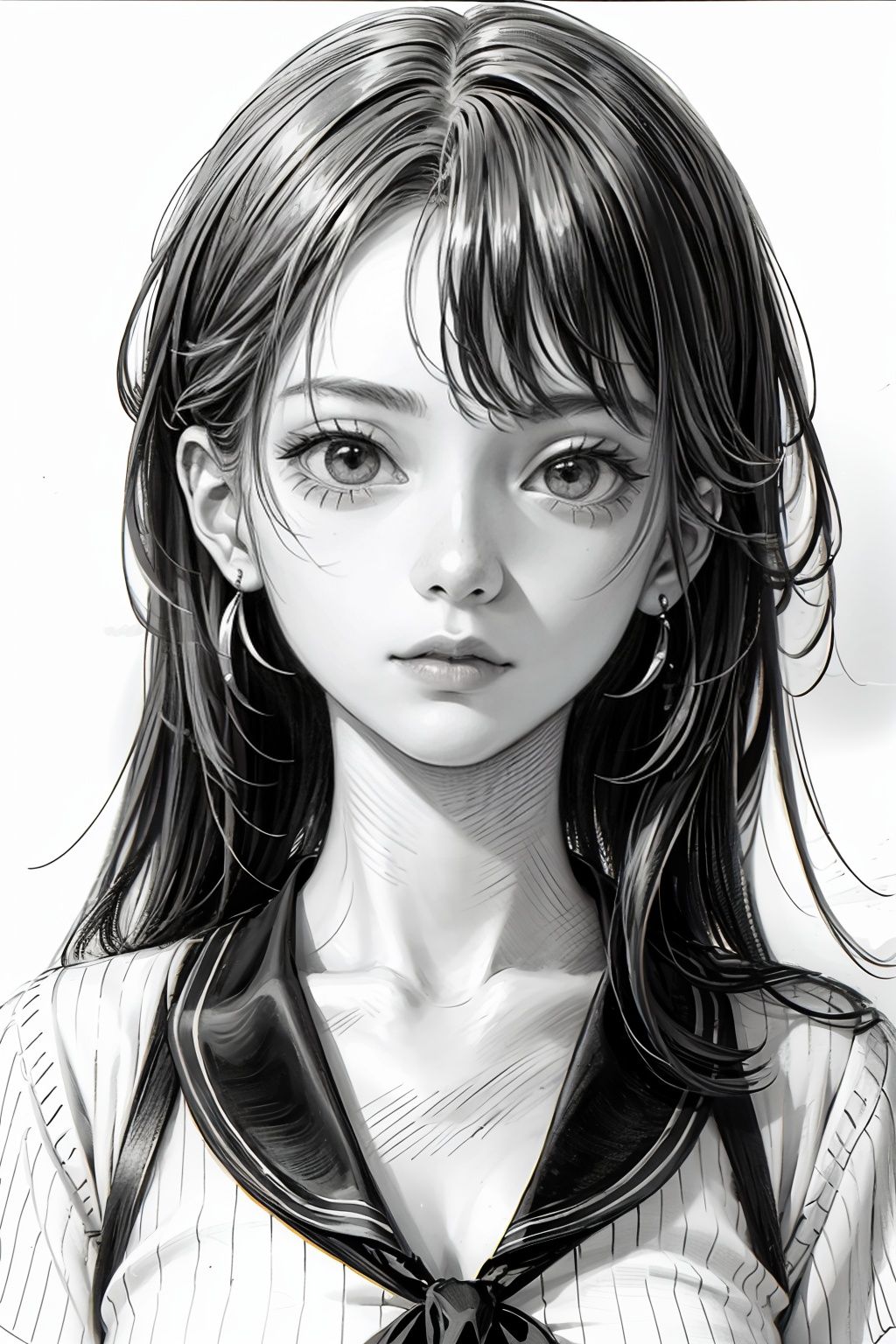 portraitof a young girl,  black and white drawn in pencil or charcoal on Tensor.Art