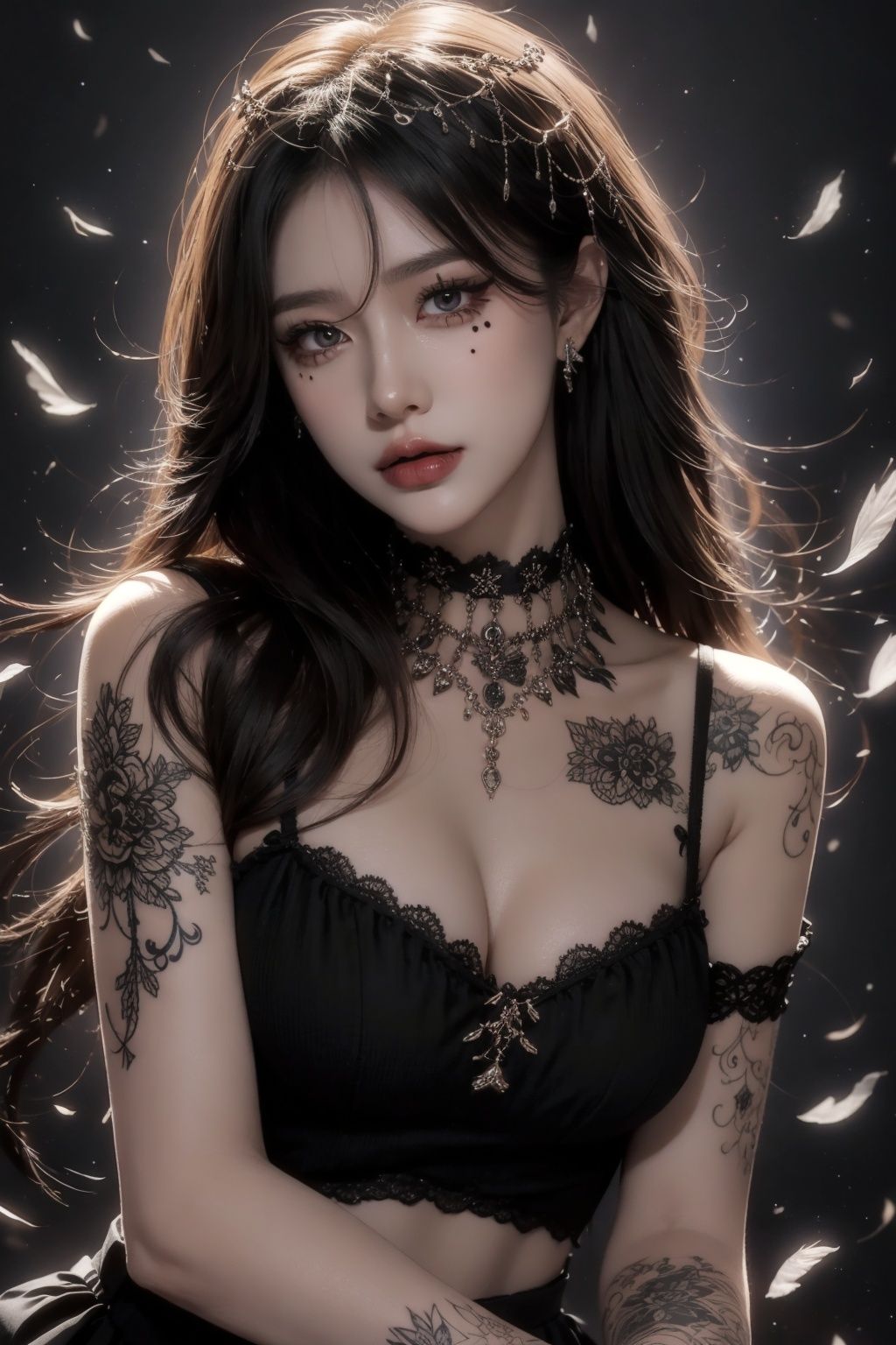 非常详细的CG 统一8k 壁纸）,most beautiful artwork in the world,（The background of black mandala blooming）,1girl,The upper part of the body,Devil Eyes,The eye,eyelashes,cparted lips,jewely,choker necklace,spiderwebs,dark mole_under below_eye,Tattooed with,feater_Hair_decorations,lipstick,eyeslashes,yuzu