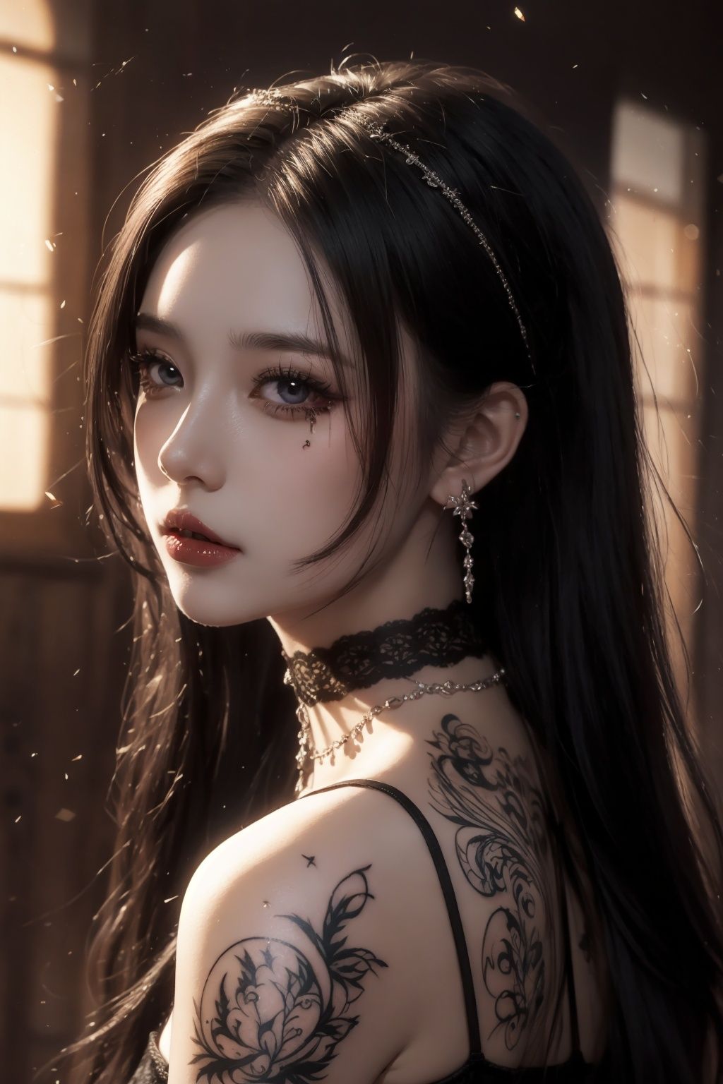 非常详细的CG 统一8k 壁纸）,most beautiful artwork in the world,1girll,The upper part of the body,Devil Eyes,The eye,eyelashes,cparted lips,jewely,choker necklace,spiderwebs,dark mole_under below_eye,Tattooed with,feater_Hair_decorations,lipstick,eyeslashes,yuzu