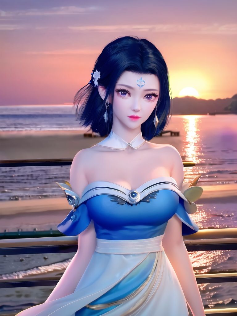 Tyndall effect, big eyes, long eyelashes, blue and white off shoulder dress, collarbone, dark blue short hair, exquisite and perfect facial features, clear faceTo the lips, a shallow smile,Sunset, seaside sunset, beautiful background, gentleThe light, modern, realistic, and perfect avatar