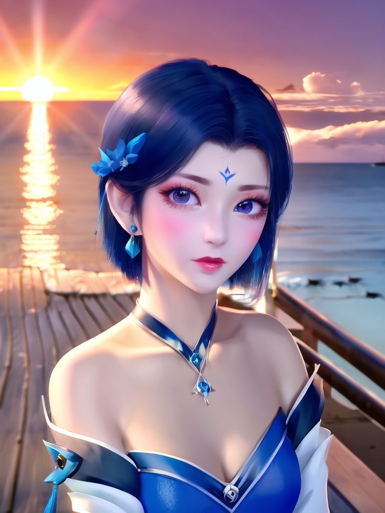 Tyndall effect, big eyes, long eyelashes, blue and white off shoulder dress, collarbone, dark blue short hair, exquisite and perfect facial features, clear faceTo the lips, a shallow smile,Sunset, seaside sunset, beautiful background, gentleThe light, modern, realistic, and perfect avatar