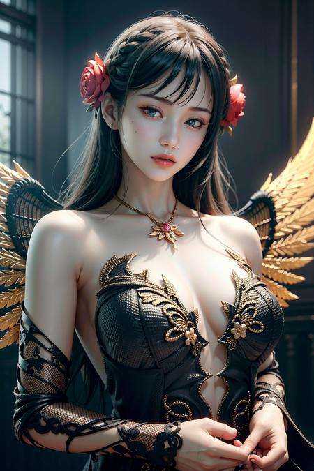 (RAW photo, best quality), (realistic, photo-realistic:1.3), masterpiece, hyper detail, intricate details, CG, unity, 2k wallpaper, Amazing, dramatic light,  Phoenix dress, 1girl, black dress, lace trim, solo, flower, closed eyes, jewelry, hair ornament, necklace, wings, bare shoulders,  black hair, bird, rose  <lora:phoenixdressV.2-0000010:0.7>  