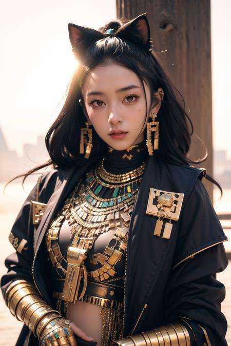 (RAW photo, 4k, realistic, exquisitely detailed skin), masterpiece, best quality, official art, unity 8k wallpaper, ultra detailed, golden hour, (medium shot:1.3),  techwear, a woman, egypt, shibuya tokyo, long hair, pale face, accessories, necklace <lora:Egyptgodpunkv.4:0.8>