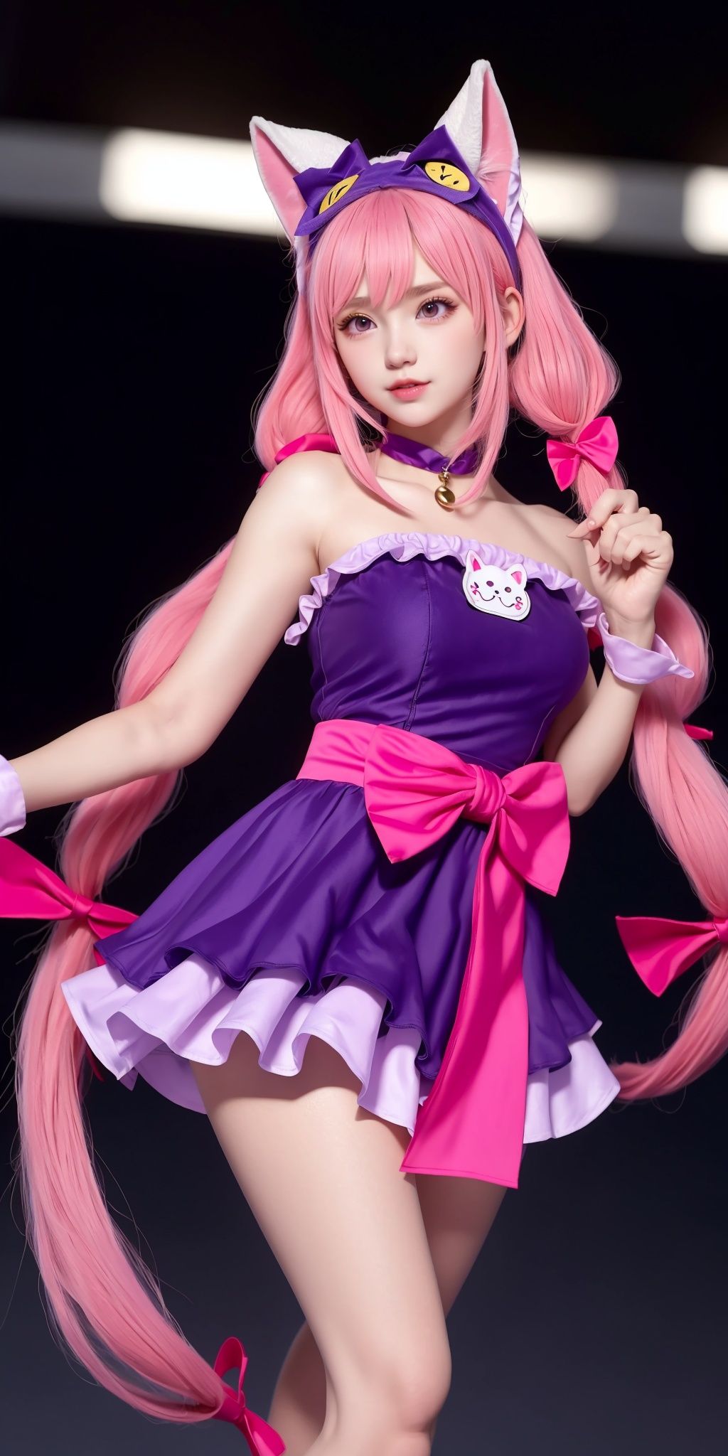 1girl, long hair, very long hair, pink hair, bow, dress, dog, low-tied long hair, animal ears, twintails, hair bow, standing,bare shoulders, food, alternate costume, purple dress, pink bow, medium breasts, (dynamic posture:1.3),bokeh,blurry background,(thighs),crossed legs,